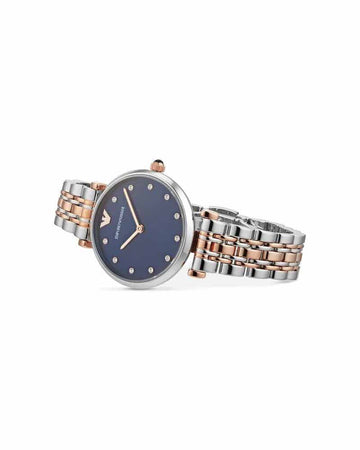 NEW GENUINE EMPORIO ARMANI AR11092 GIANNI T-BAR SILVER GOLD A&amp; BLUE WOMENS WATCH